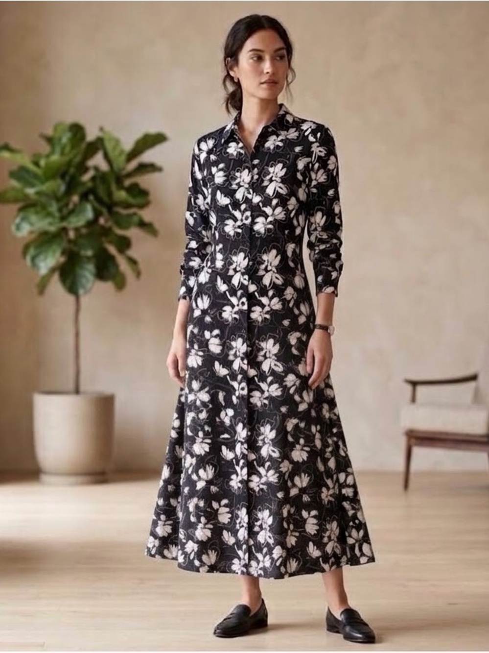 Alfani Black and White Floral Maxi Shirt Dress